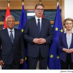 European Council President Alberto Costa (left), Serbia President Aleksandar Vučić (centre) and EU Commission President Ursula von der Leyen in March 2025