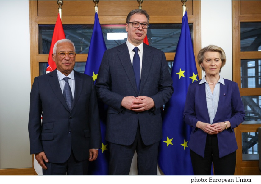 European Council President Alberto Costa (left), Serbia President Aleksandar Vučić (centre) and EU Commission President Ursula von der Leyen in March 2025